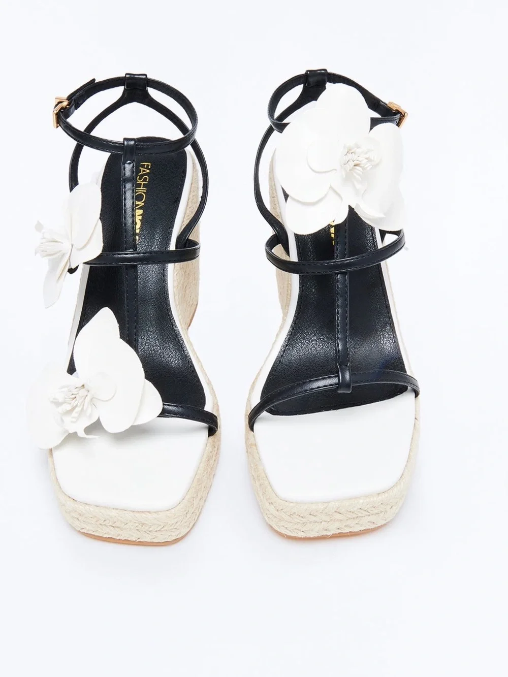 Fashion Nova Black & White Floral Espadrille Wedge Sandals